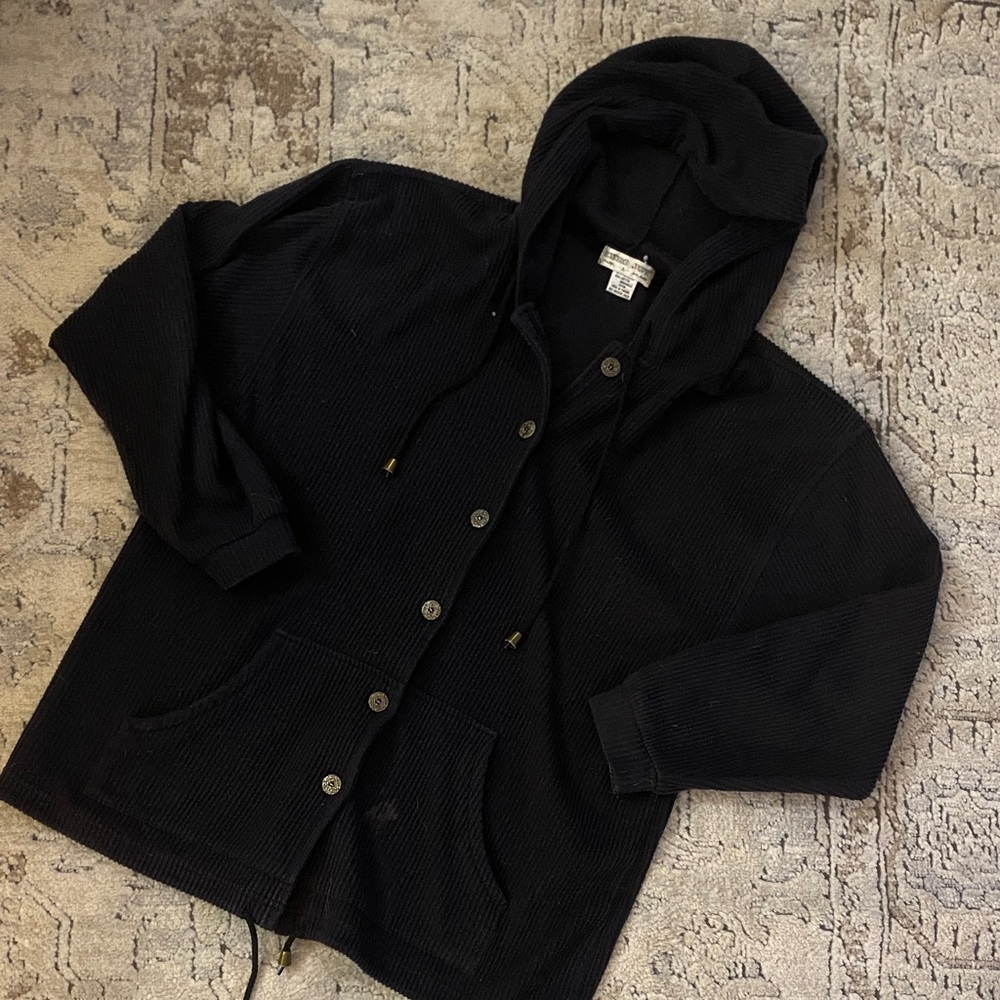Black Hooded Button-Up Jacket